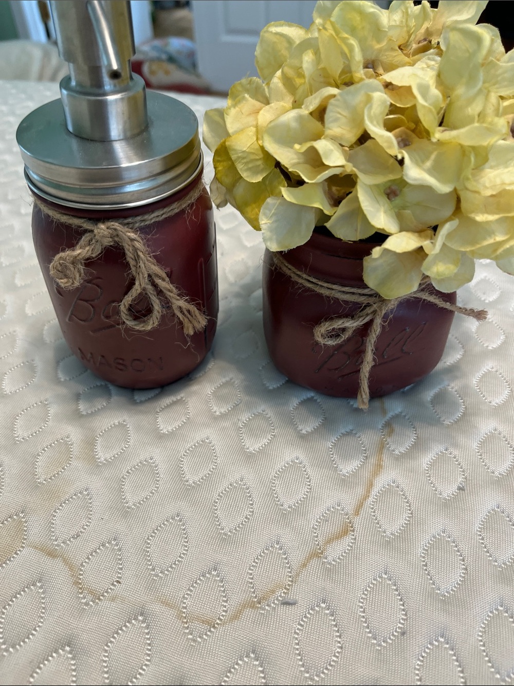 Hand-Painted Mason Jar Soap Dispenser and Vase Set - Burgundy